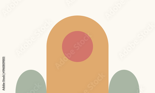 Minimalist graphic illustration featuring an arch with a circle and two small rounded hill shapes