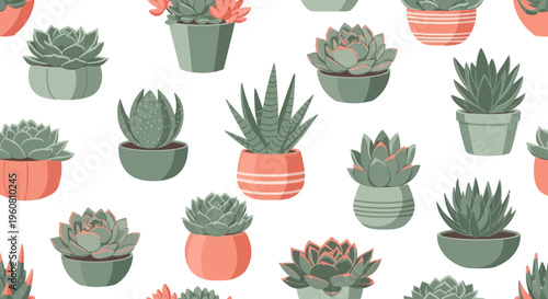 Seamless Pattern of Various Succulent Plants in Pots