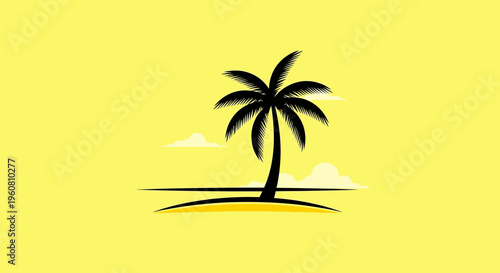 Tropical Palm Tree Silhouette on Yellow Background with Clouds