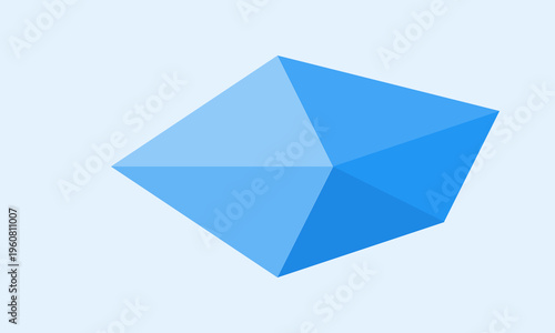 A minimalist blue geometric crystal shape isolated on a plain light blue background for design