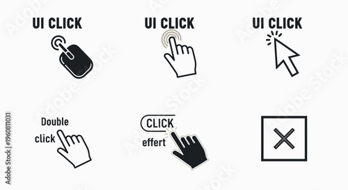 UI click icons demonstrating mouse clicks, hand taps, double clicks, and delete button for interface design