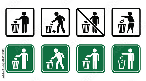 a set of icons depicting people disposing of waste in various ways, including recycling and proper disposal methods, useful for educational or informational materials