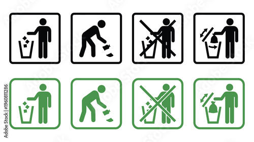 A set of icons illustrating various actions related to waste disposal and recycling, including correct and incorrect methods, for use in educational or informational materials.