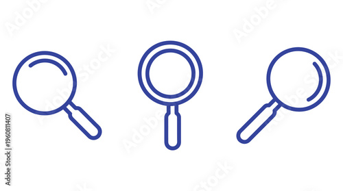 A set of three blue magnifying glasses icons on a clean white background, perfect for use in educational, business, or detective themes.
