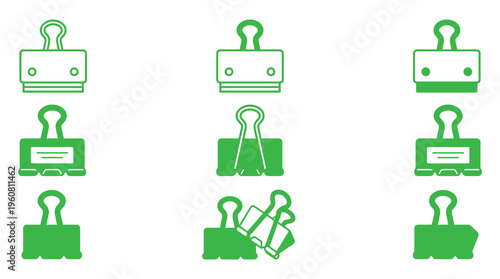A collection of green binder clip icons arranged on a clean white background, suitable for use in office, education, or organization-themed designs and presentations.