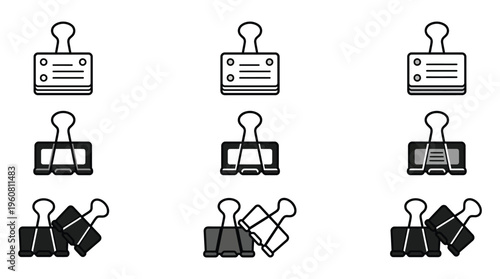 A collection of black binder clips and paper clips on a white background, useful for office supply, organization, and stationery concepts in marketing, advertising, and education materials.