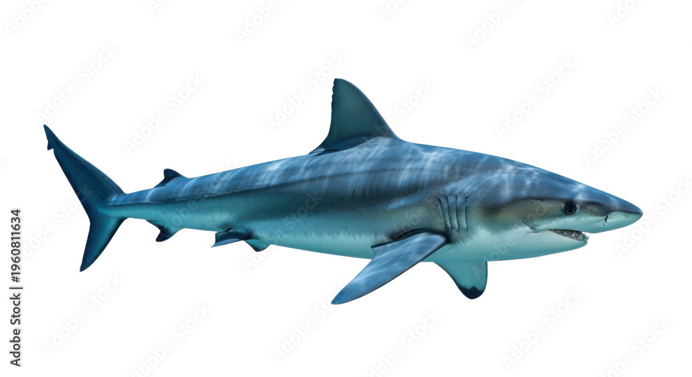 Fototapeta premium A blue shark swimming on isolated transparent background with fins and tail