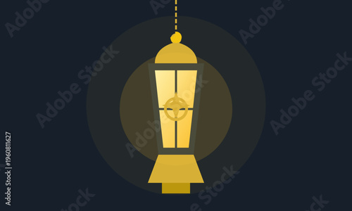 A minimalist flat vector illustration of an illuminated golden lantern against a dark background