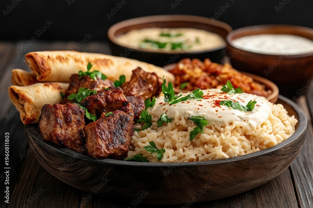 Fototapeta premium Traditional Ramadan Iftar dishes served on a wooden table