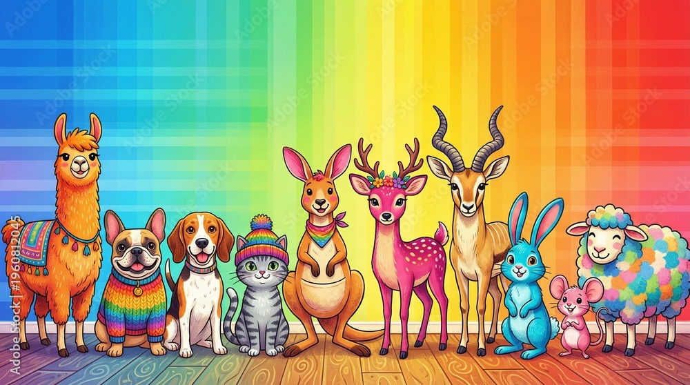 Fototapeta premium diferent animals as people in row, vibrant color, diversity and inclusion, world animal day concept