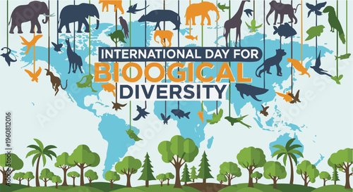 International Day for Biological Diversity earth map with animals and plants in illustration style with blue and green colors for ecology and conservation