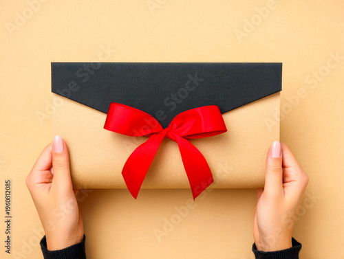 Hands holding a stylish gift envelope wrapped with a red satin bow on a pastel beige background for special occasions and celebrations