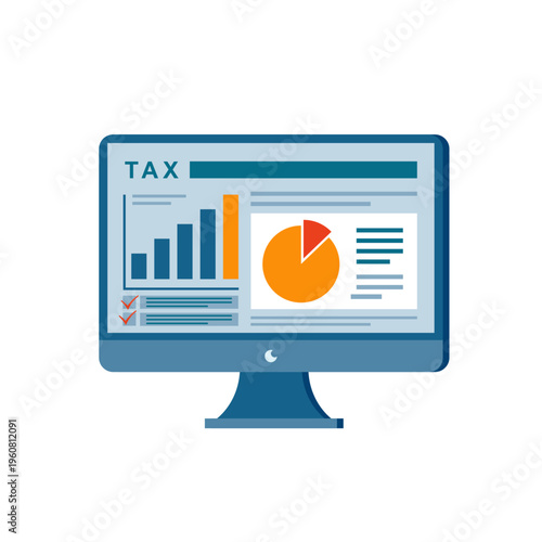 Computer Monitor Displaying Online Tax Software Interface with Financial Bar and Pie Charts