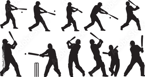 Cricket players in various batting poses and actions silhouettes