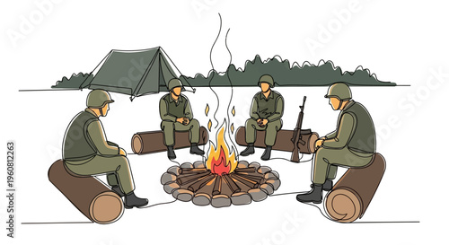Soldiers Around Campfire, Military Tent, Forest Background, War Scene Illustration