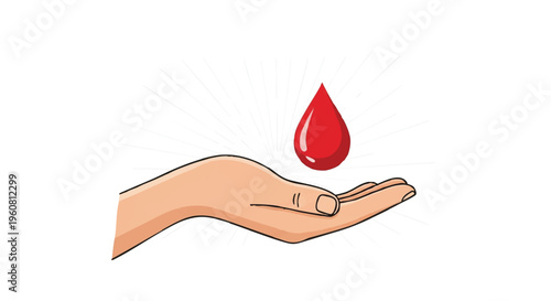 Line art design of a hand with a red blood drop hovering above it on a white background.