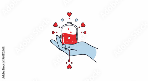 A hand holds a blood jar with red hearts floating around it, created in a line art design with a minimalist style.