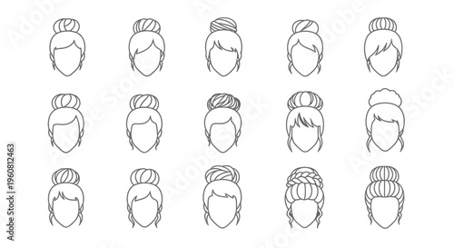 Various Elegant Bun Hairstyles Collection Line Art Icons