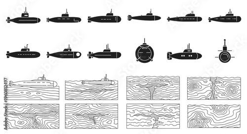 Various Submarine Silhouettes and Illustrations