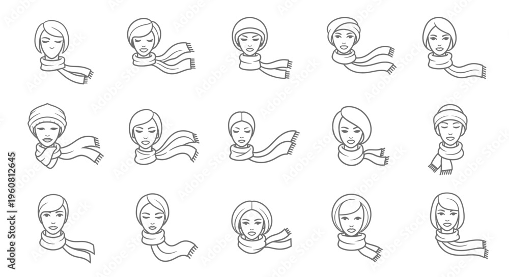 Fototapeta premium Winter Scarf Icons: Diverse Women Faces and Styles
