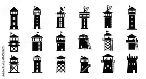 Watchtower Icons Set: Security, Surveillance, Guard, Observation Tower Silhouettes
