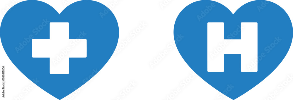 Fototapeta premium Medical icons, healthcare symbols, blue heart shapes, plus sign, letter H