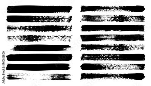 Long grunge brush strokes, lines, ink smudges, hand-drawn scribble shapes. Handmade sketchy marks, stains, charcoal streaks. Paint textures, dry brush effect. Marker underline. Vector illustration