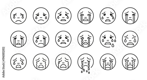 Sad Crying Face Icons Set, Emotional Expression Line Art Collection
