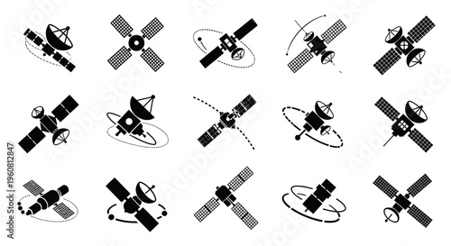 Satellite Icons Set: Space Technology, Communication, Orbit