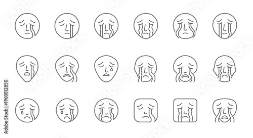 Sad Faces Icon Set: Crying Emotions, Grief, Sorrow, Unhappiness