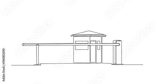 Security Booth and Barrier Gate: Minimalist Line Art Drawing