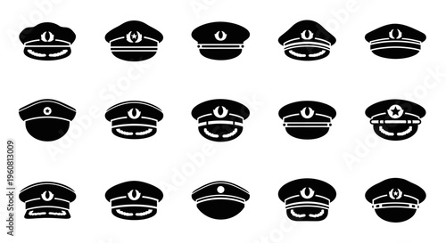 Set of Black Silhouette Police Officer Hats Icons Vector