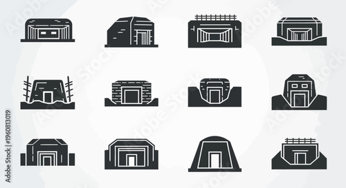 Set of Bunker Icons, Military Fortifications, Historical Buildings, Vector Graphics