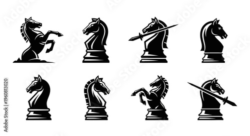 Set of Chess Knight Silhouettes Isolated on White Background