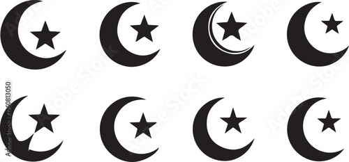 Black crescent moon and star symbols on white background