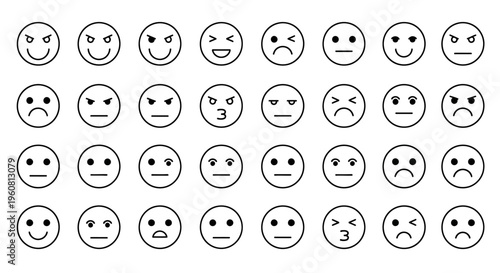 Set of Emoticons and Smiley Faces - Different Emotions and Expressions