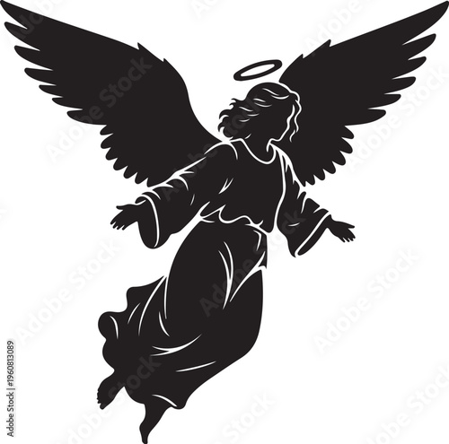 Angel Silhouette with Wings and Halo Flying Upwards Freely