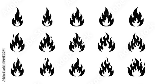Set of Flame Icons, Fire Symbols, Burning Embers, Hot Energy Elements