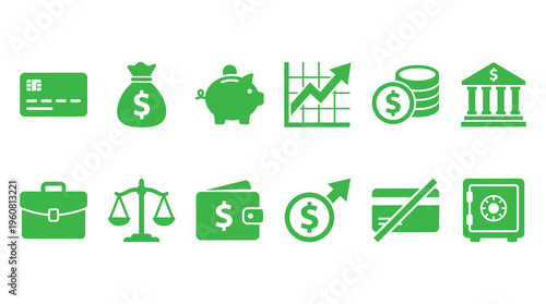 A collection of green financial icons representing business, investment, and money management concepts, suitable for use in marketing materials, websites, and educational resources.