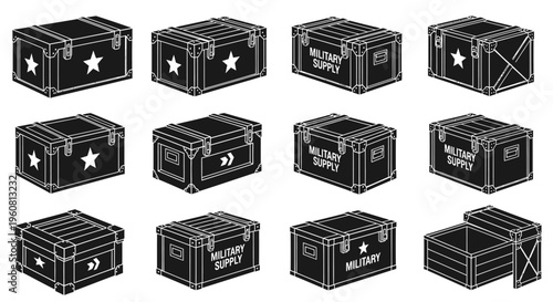 Set of Vintage Military Supply Crates and Chests - Vector Icons