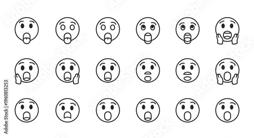 Shocked Face Icons Set, Surprise Emoji Collection, Astonished Expressions
