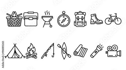 A collection of black line icons depicting various camping and outdoor adventure items, including gear and equipment for travel, hiking, and leisure activities.