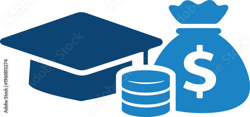 Education finance icons, student loan and scholarship vector graphics, money bag, graduation cap
