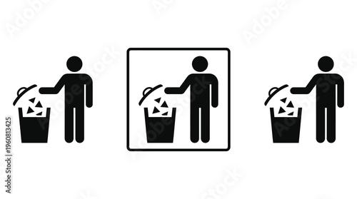 A set of black and white icons depicting people throwing away trash into recycling bins, representing waste management and eco-friendly practices.