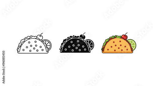 taco ingredients assembly set with tortilla, meat, and toppings flat design vector illustration
