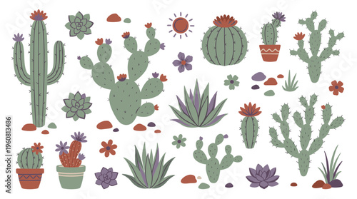 Desert plants collection with various cacti and succulents in pots and in the ground, vibrant colors, natural elements, botanical illustration