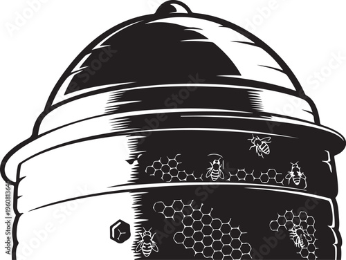 Beehive, honeycomb, bee illustration, black and white vector
