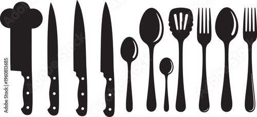 Black silhouettes of kitchen utensils and cutlery on white