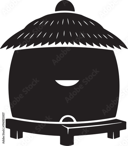 Black barrel, wooden stand, thatched roof, vector icon, simple illustration