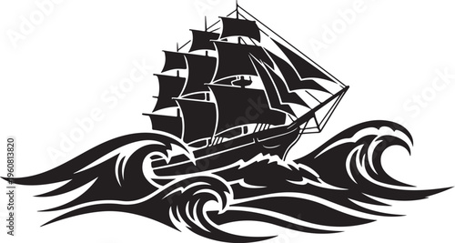Black Sailing Ship Riding Ocean Waves in Monochrome Style